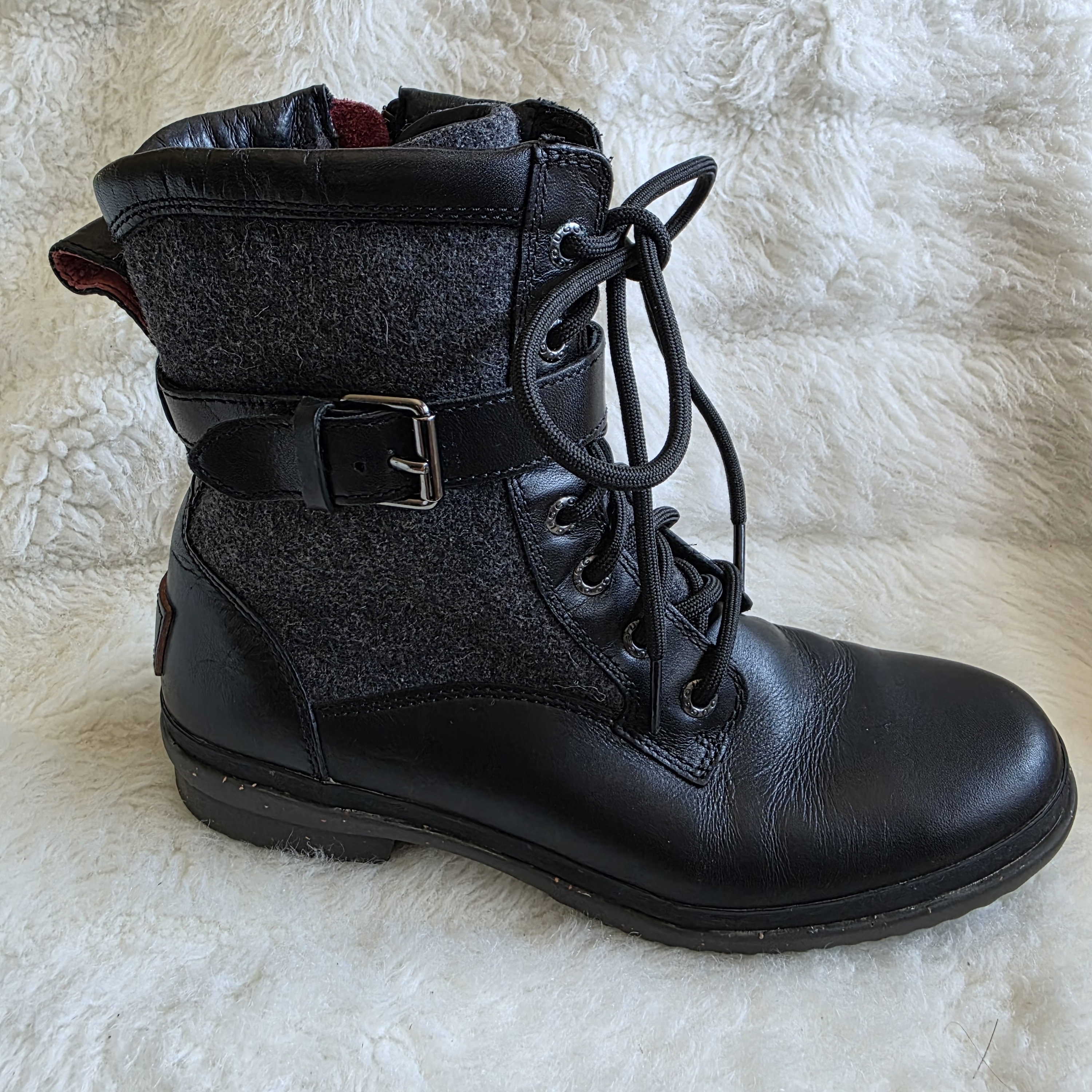 Ugg Black Lace-Up Ankle Boots With Heathered Gray Panel